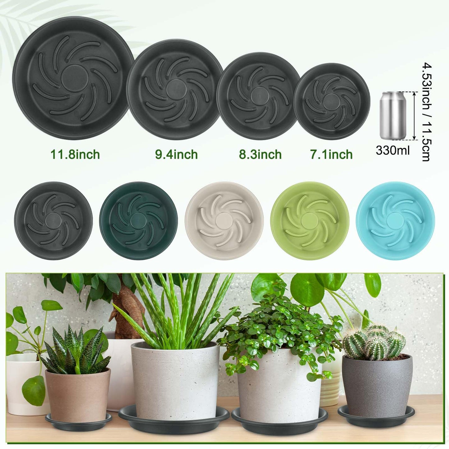 M METERXITY 2-Pack Plant Saucers, 7.3 Inch ID Anti-Rot Root Resin Flower Pot Plant Saucers for Indoor/Outdoor, Flowerpot Drip Tray [9.4 Inch OD, Gray Black]