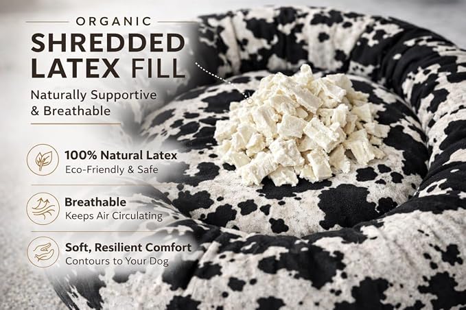 Round Dog Bed – Natural Canvas, Removable Washable Cover, Raw Cotton or Latex Fill, Hypoallergenic Non-Toxic, Made in USA (Cow Print Black White, Small, Soft Comfort – Organic Latex)