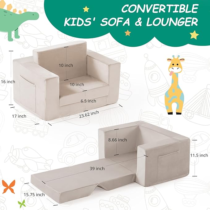 Kids Couch, 2-in-1 Toddler Chair Comfy 1-3 Years, Convertible Kids Chair