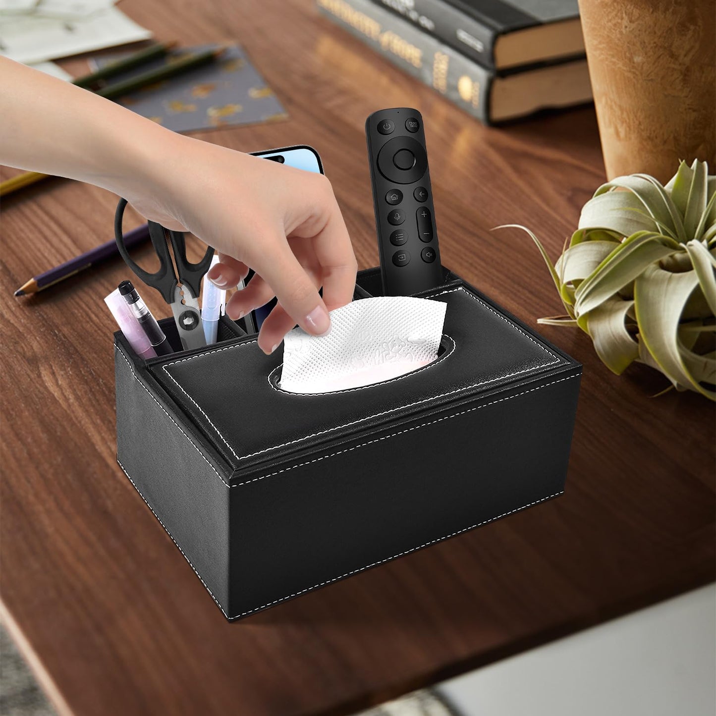 PU Leather Tissue Box Cover, Multifunctional Kleenex Box Covers Rectangular, Desktop Napkin Remote Control Holder, 3 Storage Grids Desk Organizer (Black)