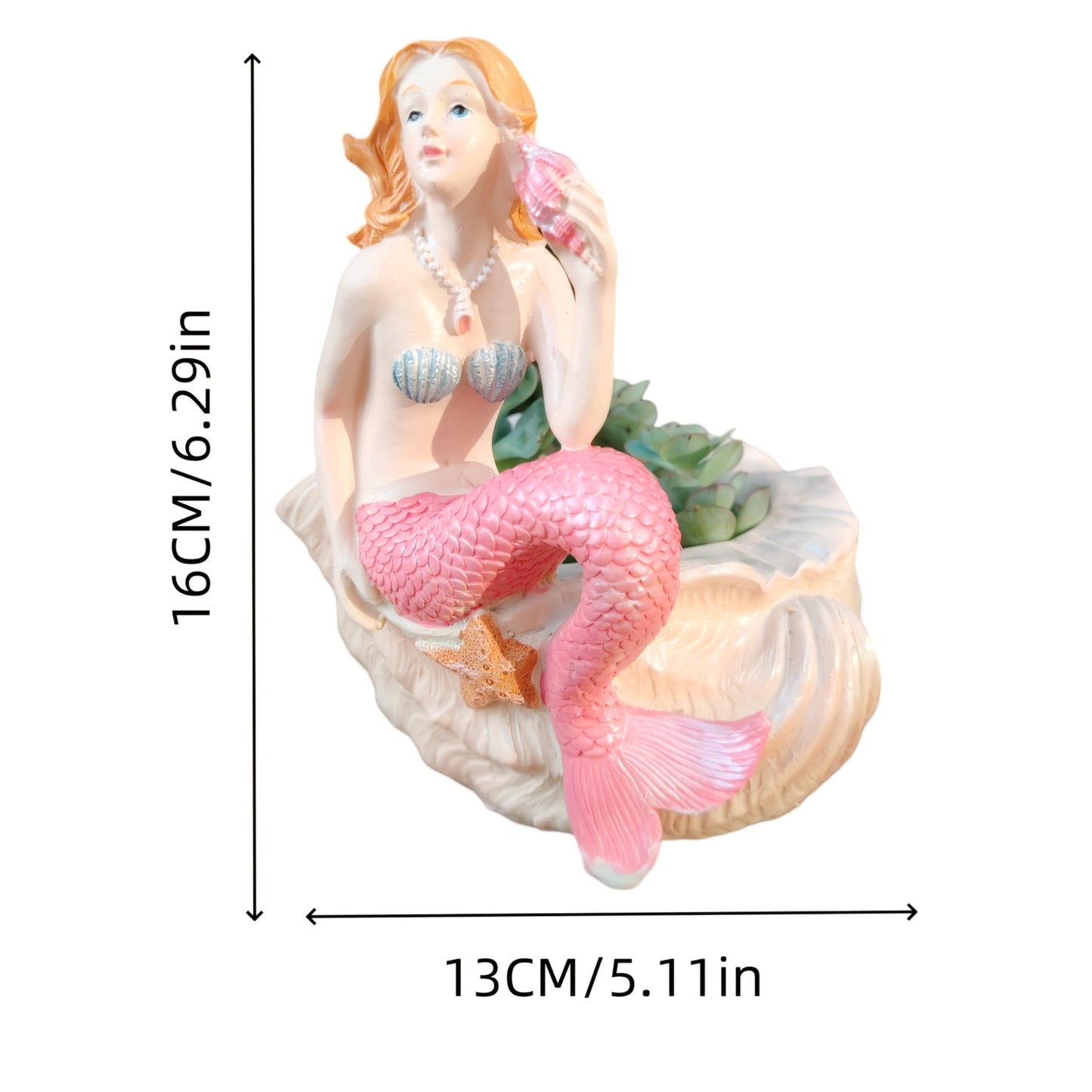 KARSTSYLVA Mermaid Resin Planter Statue, Conch Base Succulent Flower Pot for Home Garden Nautical Decor (Pink)