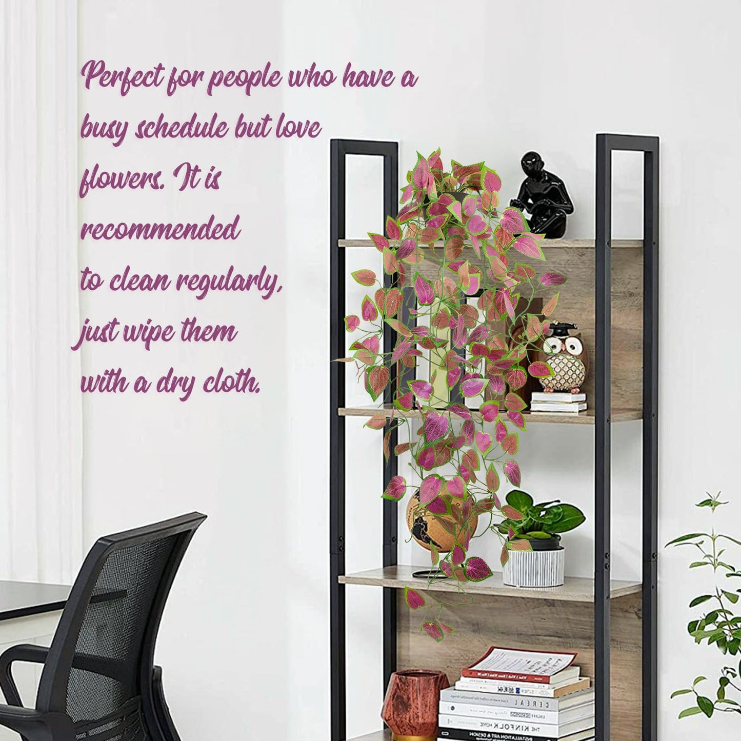 LOYWREE 2 Pack Artificial Purple Ivy Hanging Vine Plants - Small Potted Long Trailing Cascading Foliage, Gothic Home Decor for Indoor/Outdoor, Office, Garden & Shelf (Black Pot)