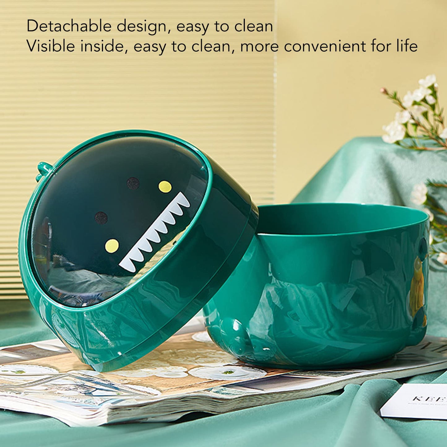 Zunate Mini Desktop Trash Can, Cute Baby Dinosaur Removable Small Garbage Can, Tiny Plastic Trash Bin with Lid/Nonslip Bottom, for Bathroom/Office/Kitchen/Desk/Coffee (Green Baby Dinosaur)