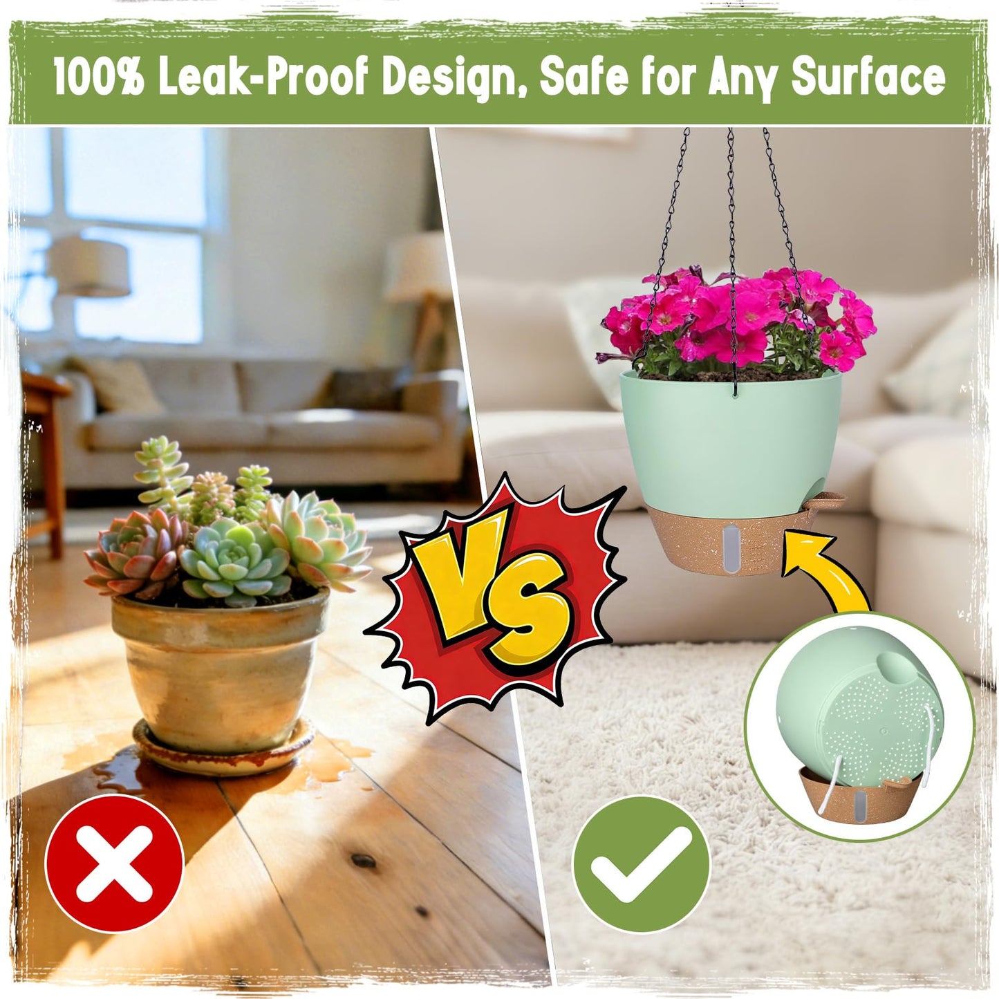 Goproauto Self-Watering Hanging Planters with Water Level Window, 8/10 Inch Indoor Outdoor Hanging Plant Pots Includes Chain Hangers with Drainage Holes & Detachable Reservoir (Green, 8+10 inch)