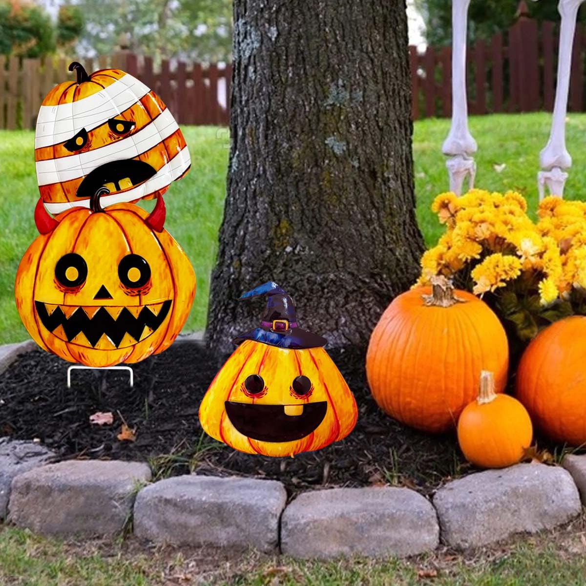 3 Packs Halloween Garden Stakes, Stacked Metal Pumpkins Jack-o-Lantern LawnDecor, Halloween Decorative 3D Pumpkin Yard Signs Stake for Outdoor Front Garden Pathway Decorations