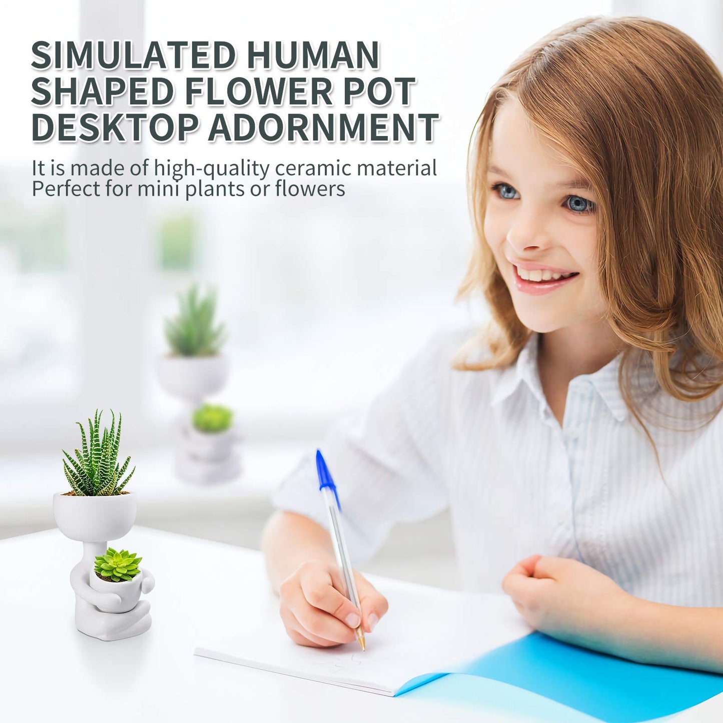 Humanoid Ceramic Flower Pot,Unique Small Planter Sitting Human Shaped Succulent Cactus Cute Plant Pot Container for Home Office Room Desk Window Desktop Decoration White,2.36x3.93 Inches