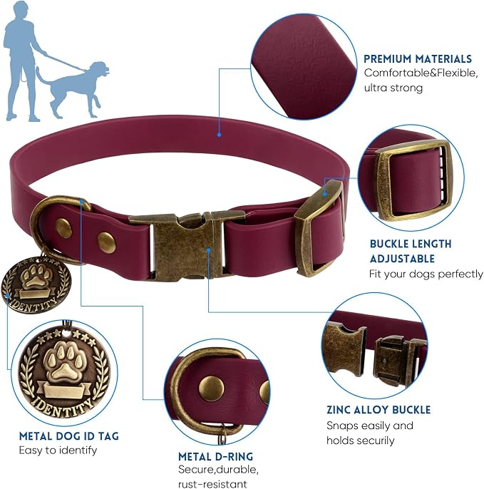 Wisedog Waterproof Dog Collar and Leash Set, M (Collar:12"-18"), Burgundy | Adjustable Puppy Collars, Cute Tag, 5FT Leash, Includes Poop Bag, For Small Medium Large Dogs