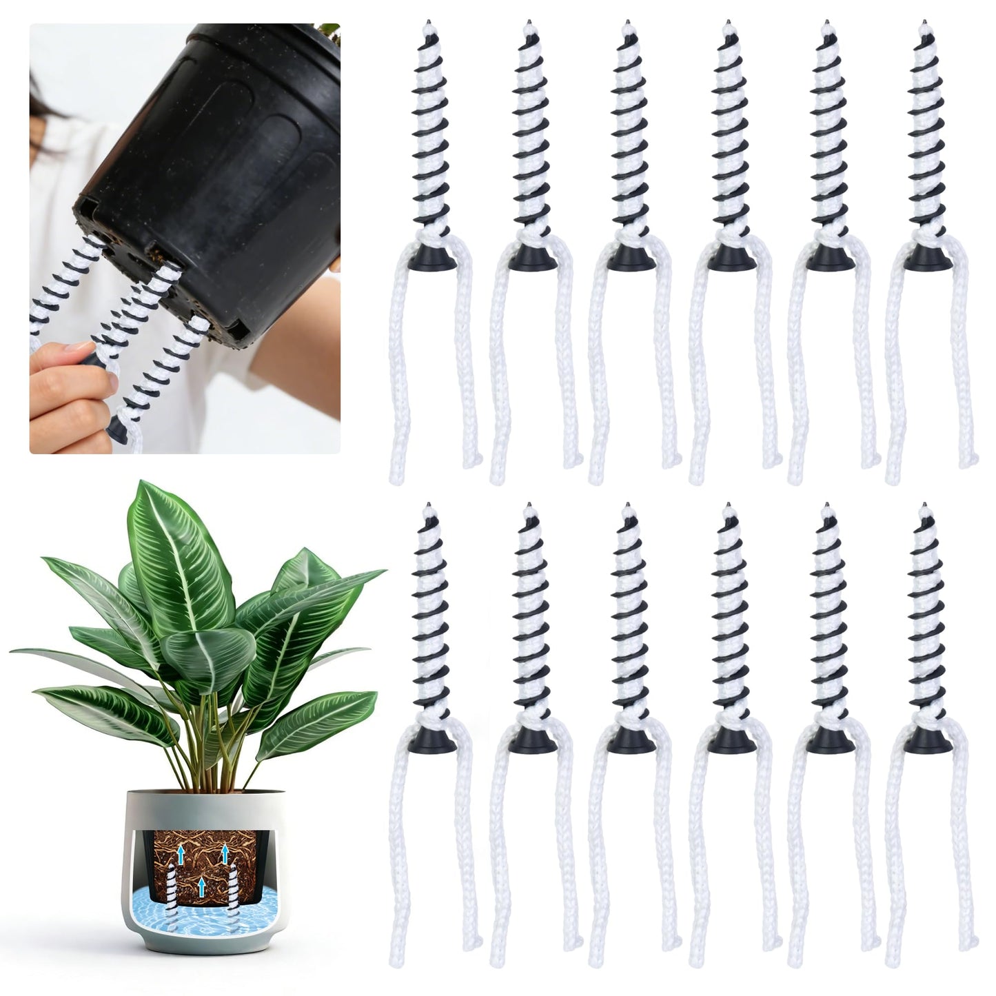 Muximud 12 Pack Self Watering Spikes, Automatic Plant Watering Stakes with Wicking Rope for Indoor Outdoor Plants DIY Vacation Self-Watering System Devices for Grower Pots Potted Plants Seedlings