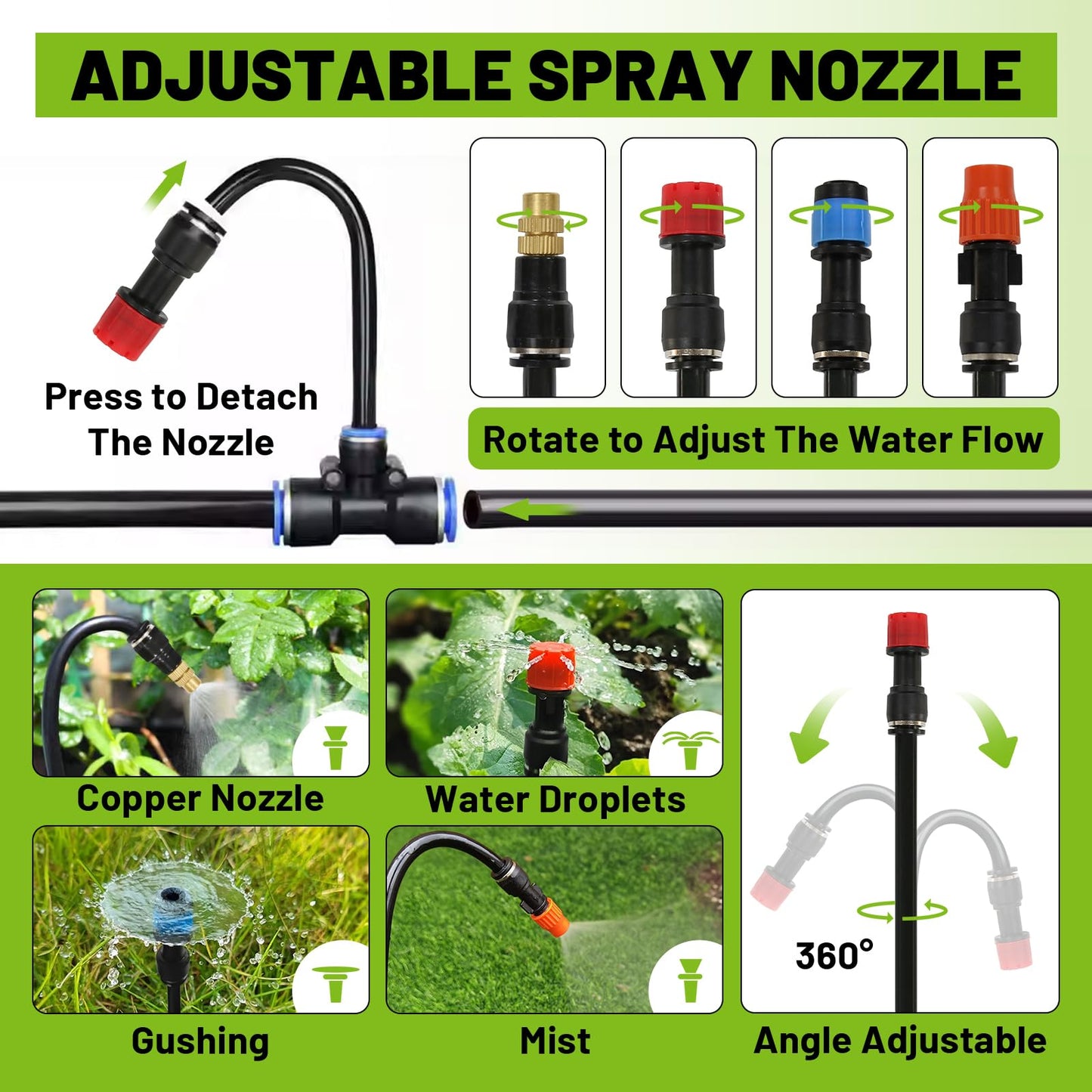Kekangerly Drip Irrigation Kit - 100ft Automatic Watering System with 24 360° Sprinkler Nozzles, T-Connectors for Garden, Lawn, Greenhouse, Patio Plants & Hydroponics