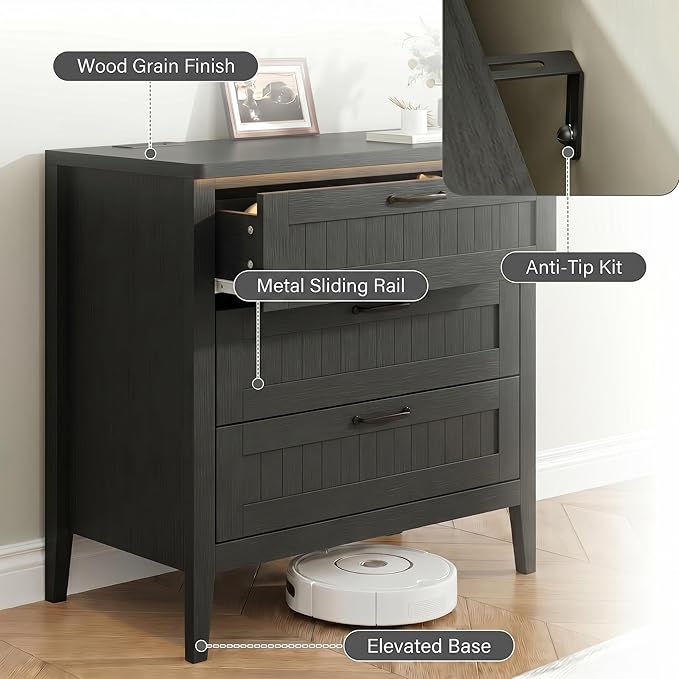 GarveeLife 3 Dresser Drawer for Bedroom, 27.6" Wide Wood Bedside Table for