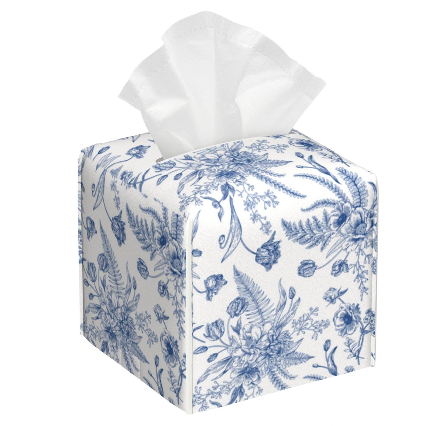 Blue Flowers Tissue Box Cover Square,Tissue Box Holder with Belt Bottom,Stylish Leather Napkin Holder for Vanity Countertop,Nightstands,Office Desk,5.2"×5.2"×5.2"