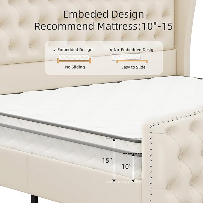 BRELTAM Upholstered Queen Size Bed Frame Velvet Beige Tufted Platform Bed Frame