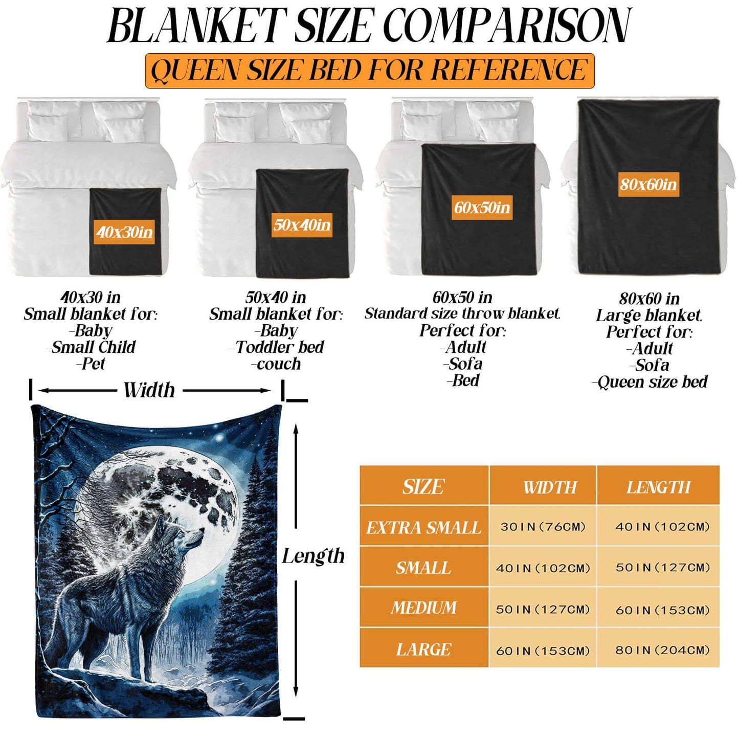 CaomeiWu Wolf Throw Blanket, 50" x 40" Flannel Cool Wolves Themed Stuffed Animal Black Throw, Soft Nap Throw Blanket for Home Boys Girls Women Wolf Lovers Gifts