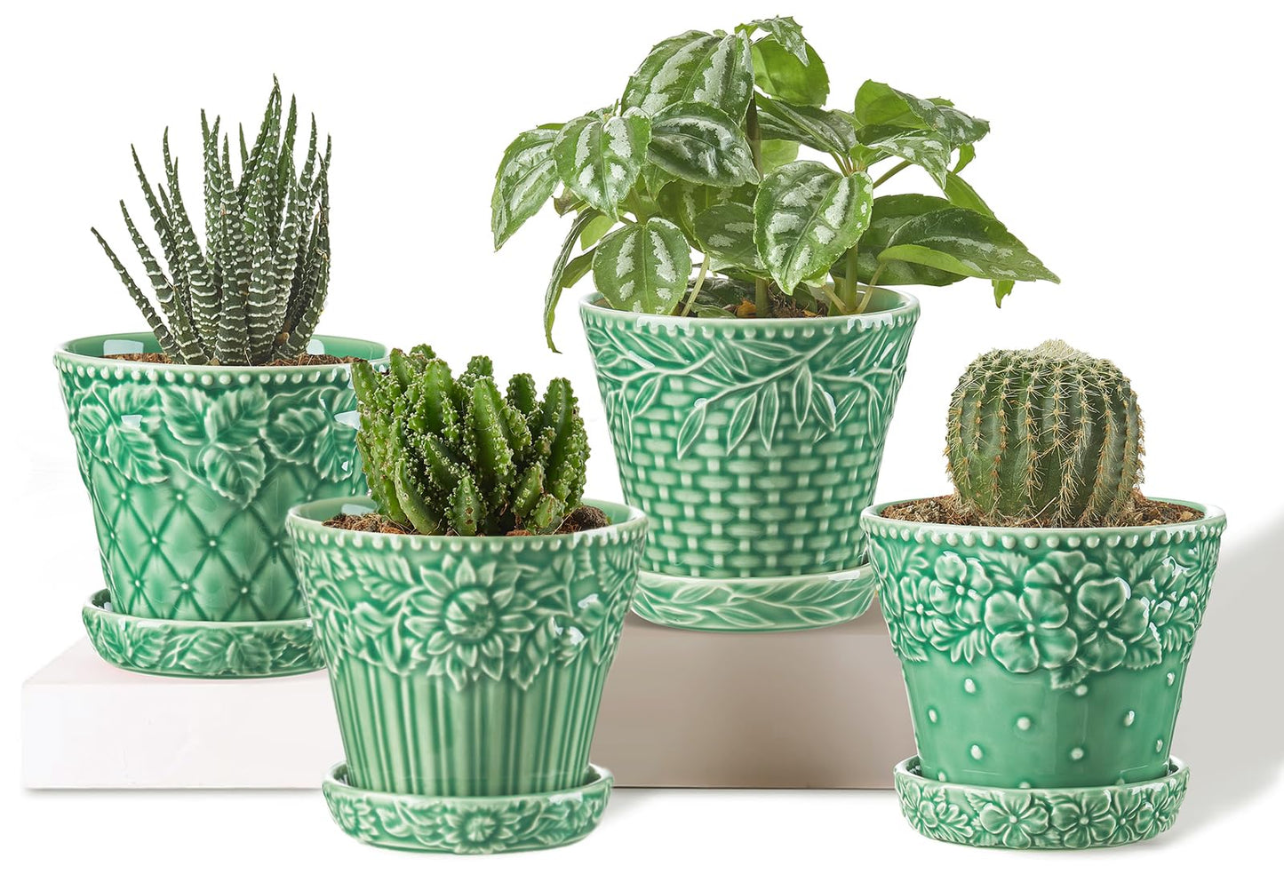 Metahom Succulent Ceramic Pots, 3.8 Inch Small Plant Pots with Drainage Hole & Saucer, Flower Planter Pot for Indoor Plants Cacti, Home Decor, Set of 4, Green