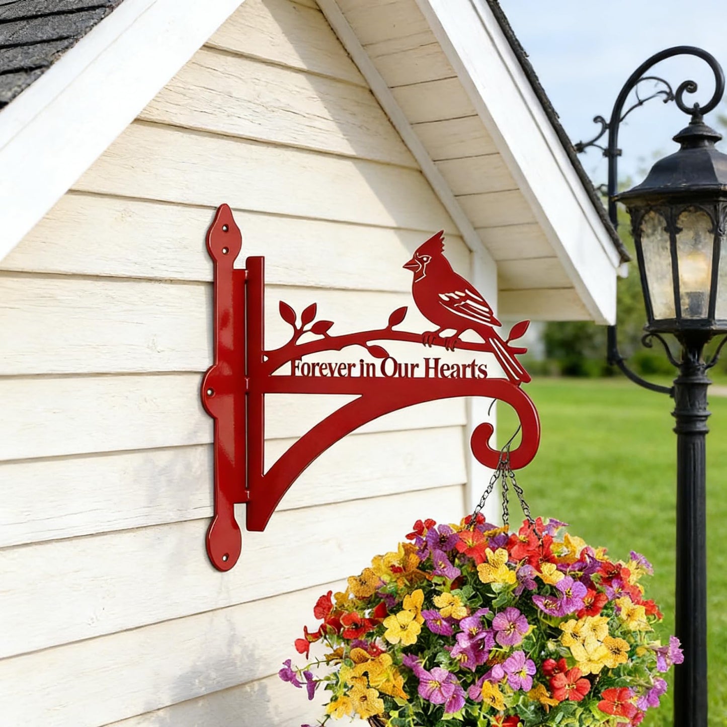 Ammzus Cardinal Memorial Plant Hanger Hook for Outdoor Indoor Hanging Plants, Lanterns, Bird Feeders, Wind Chimes - 8.3"x9.8" Rust-Resistant Metal Wall Bracket with Forever in Our Hearts Design