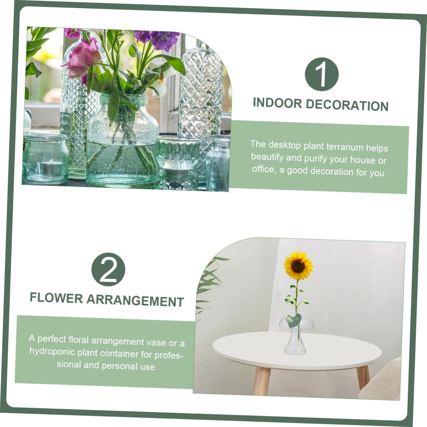 Cabilock Creative Transparent Glass Mushroom Vase for Hydroponics Plant Container Flat Mouth Design Office Living Room Decor Cute Plant Pot for Desktop Terrarium