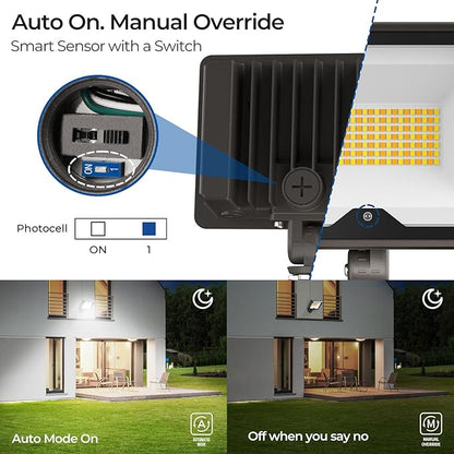 CINOTON 55W LED Flood Light 3CCT (3000K/4000K/5000K), 7700LM Dusk-to-Dawn Photocell Outdoor Security Lighting, 120V IP65 Aluminum Wall Pack for Porch/Barn, 180° Knuckle Mount, 2 Modes, ETL, 4 Pack