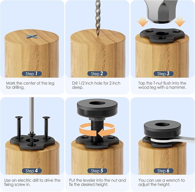 MROCO Adjustable Leveling Feet, 3/8"-16 Thread T-Nut Kit Furniture Levelers