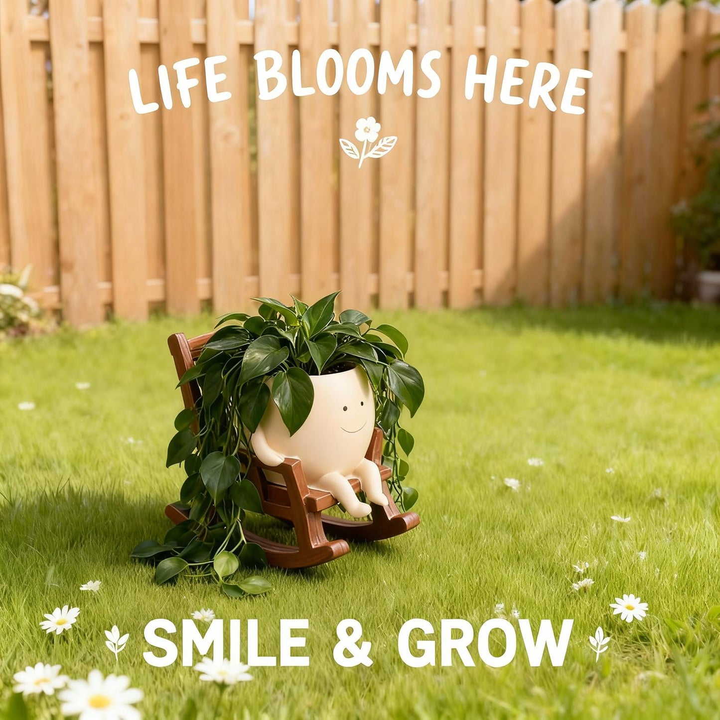 FURUBETA 4 Inch Rocking Chair Smiley Face Planter Pots with Drainage Hole, Resin Pot for Succulents, Cute Spring Indoor Outdoor Garden Decor, Unique for Plant Lovers