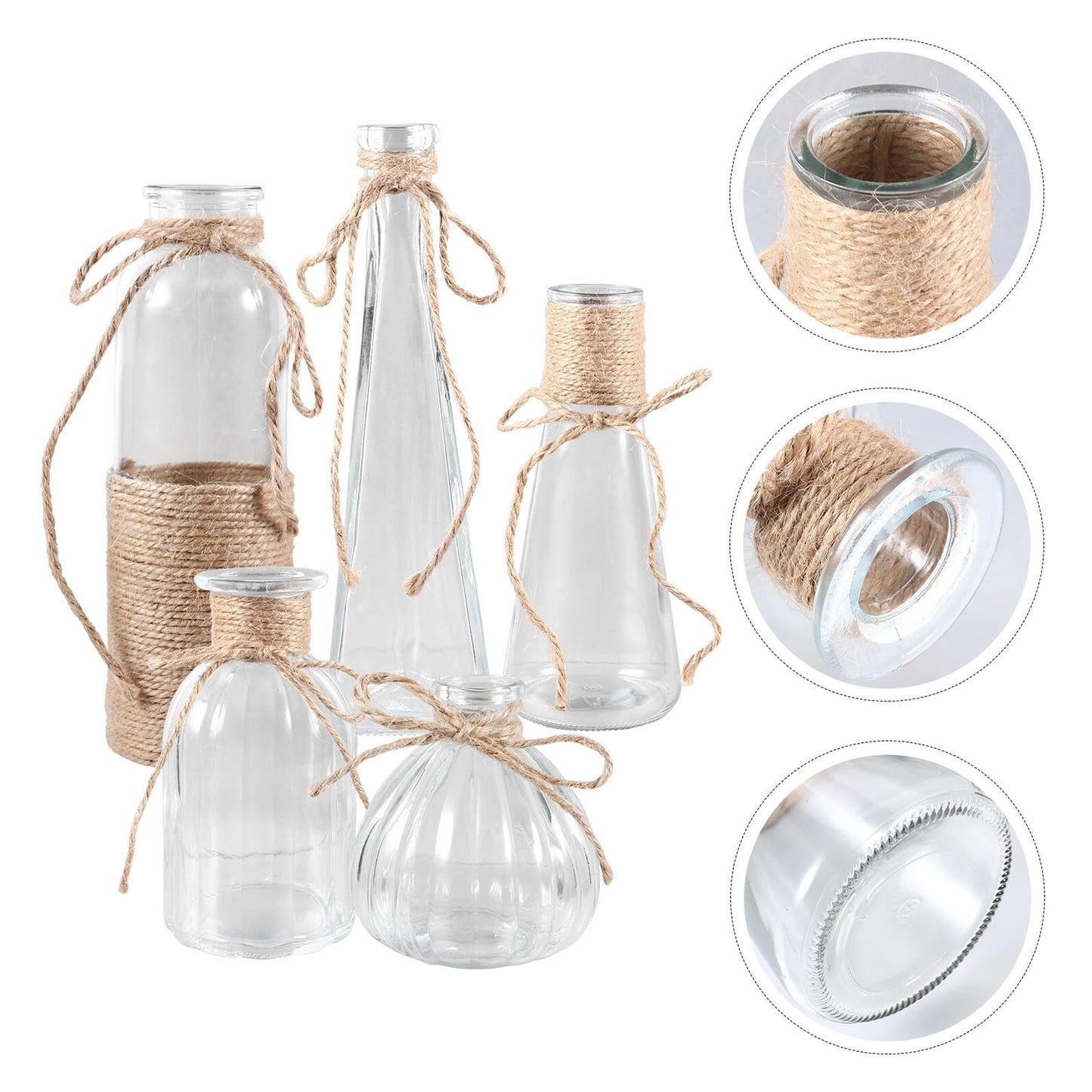 Cabilock 5pcs Glass Vases Set with Rope Design, Plant Terrarium Flower Arrangement Containers for Home Décor, Desktop Adornment, Includes Cone, Pumpkin, European Triangle Shapes