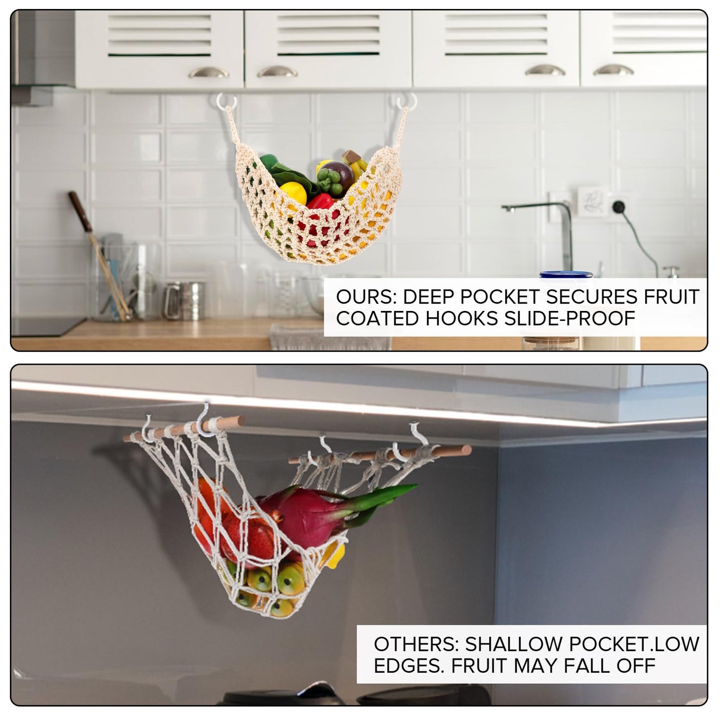 Hanging Fruit Hammock with Hooks Under Cabinet Macrame Basket for Kitchen Hand-Woven Boho Fruit Holder Net Organization Banana Basket for Home Dining Room Cabinet Decor Boat Camper Rv