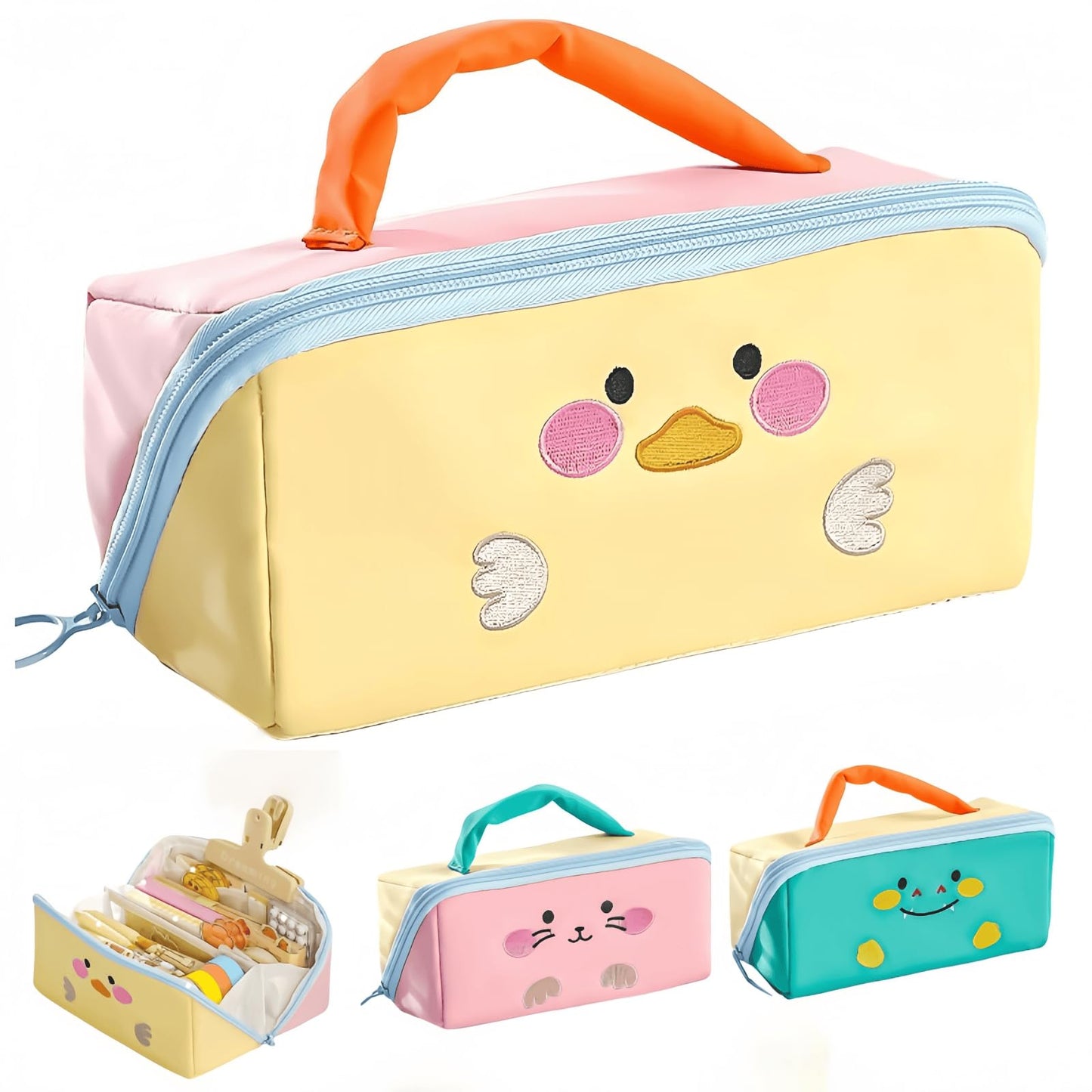 VTYFRY Cute Kawaii Pencil Case Pouch with Handle Cartoon Animal Large Capacity Pen Box Holder Organizer for Office Workspace Supplies Desk Accessories Travel Essentials Trendy Gift (Yellow Duck)
