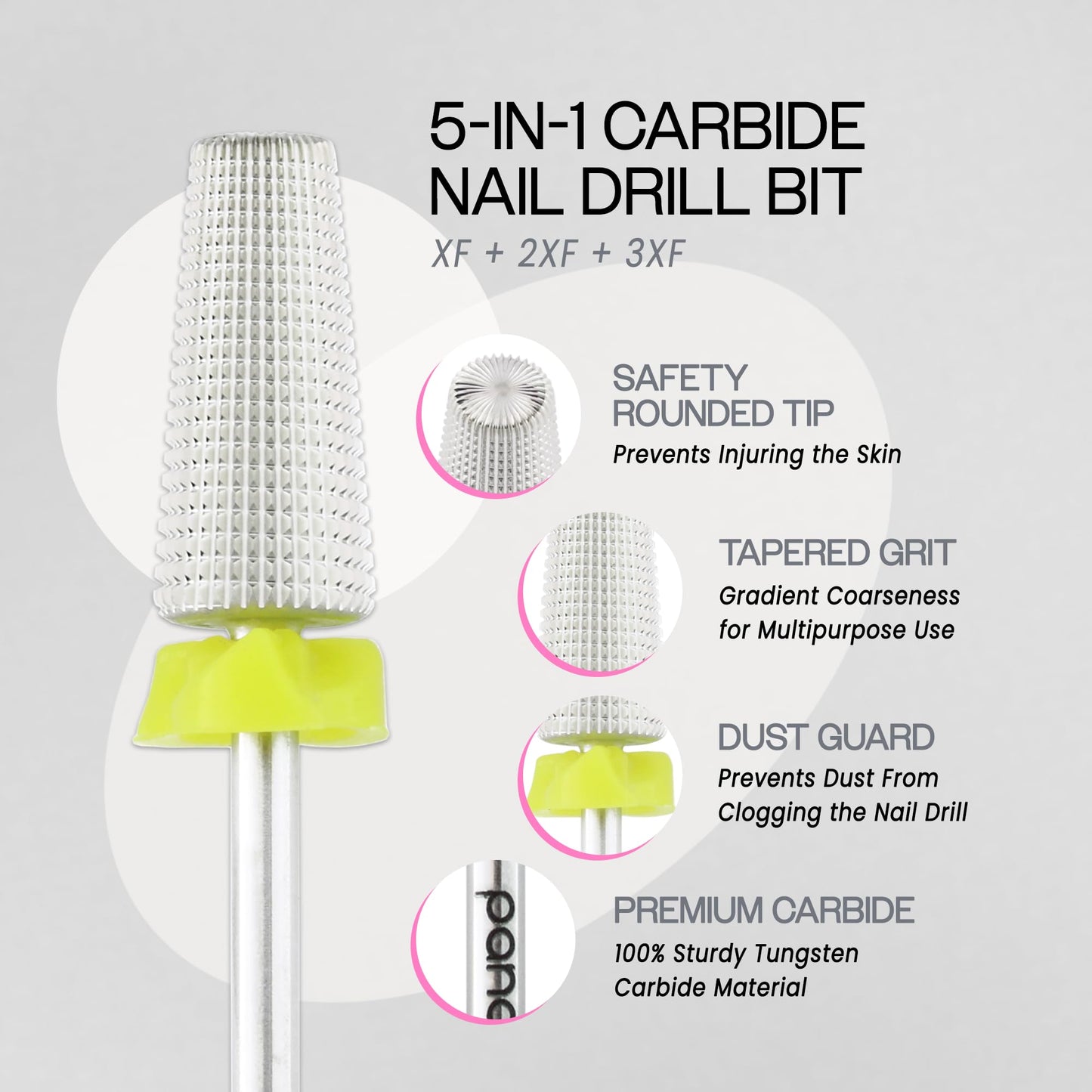 PANA Nail Carbide 5 in 1 Bit - Two Way Rotate use for Both Left and Right Handed - Fast Remove Acrylic or Hard Gel - 3/32" Shank - Manicure, Nail Art, Drill Machine (Fine - F, Silver)