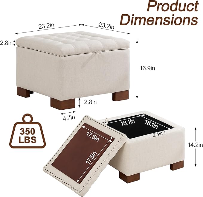 WUTUTUEE 24" Square Fabric Storage Ottoman