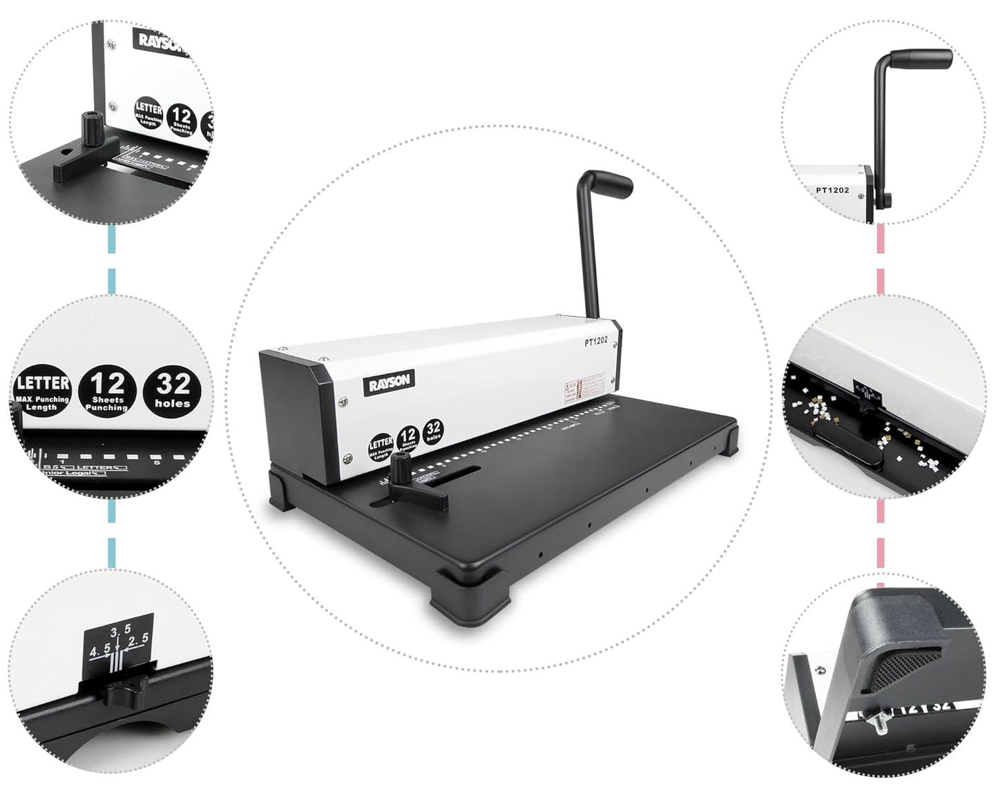 Rayson PT1202 Coil Binding Machine, 3:1 Pitch, 32 Hole Punch for Spiral & Click Binding Spines, Metal Spiral Binder Hole Punch, Punches 12 Sheets at a Time