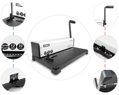 Rayson PT1202 Coil Binding Machine, 3:1 Pitch, 32 Hole Punch for Spiral & Click Binding Spines, Metal Spiral Binder Hole Punch, Punches 12 Sheets at a Time