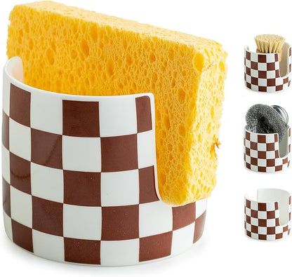 Checkered Sponge Holder for Kitchen Sink, Ceramic Dish Sponge Drying Caddy