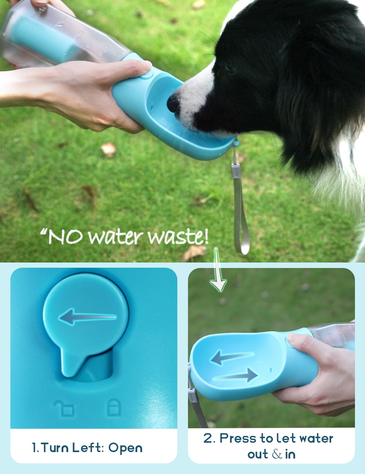 MoonyMars Portable Water Bottle for Dogs, 3 in 1 Pet Travel Bowl Dispenser with Food Treat Container & Poop Bag Holder, Summer Outdoor Walking Hiking Accessories for Large Dog On The Go - Blue, 20oz