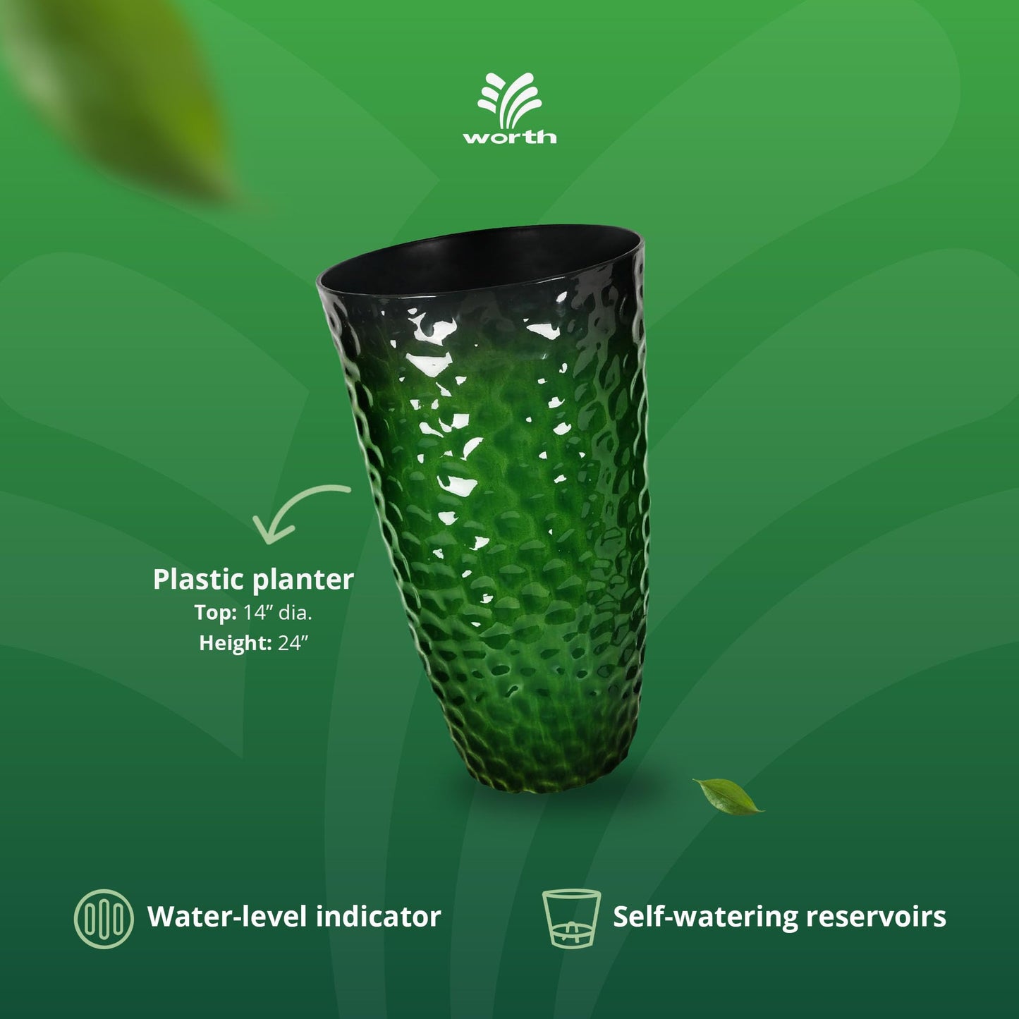 Worth 2 Pack 24" Tall Large Plastic Planter with Drainage Hole, Round Decorative Flower Plant Pit for Indoor or Outdoor Gardening, Glossy Green