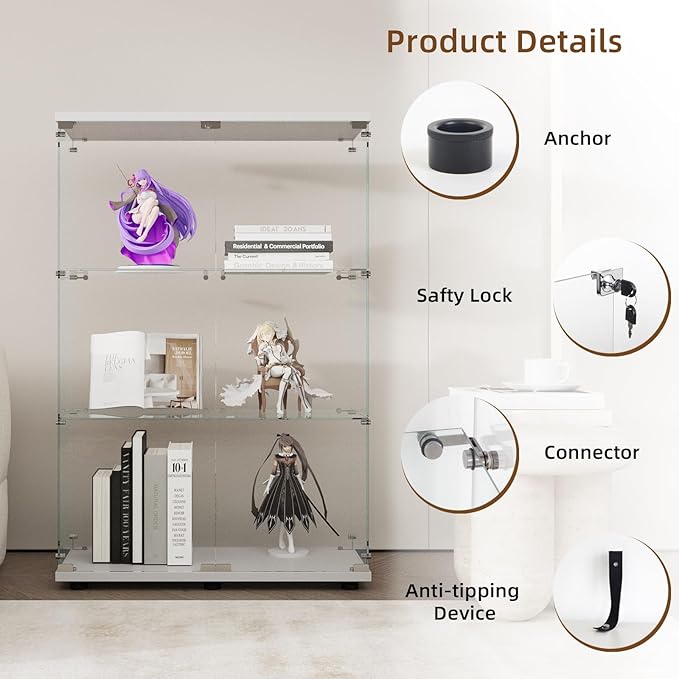 Display Cabinet with Glass Door and Lock, 3-Shelf Fast Installation Curio