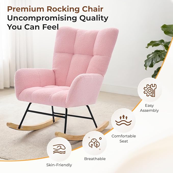 DUMOS Nursery Rocking Chair Teddy Upholstered, Comfy Glider Rocker