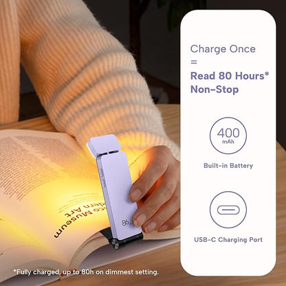 86lux Book Light, Rechargeable Reading Lights for Books in Bed, Ultralight Clip-on LED Bookmark Lamp with 3 Amber Colors & Stepless Dimming for Night Reading for Book Lovers, Kids,Light Lilac