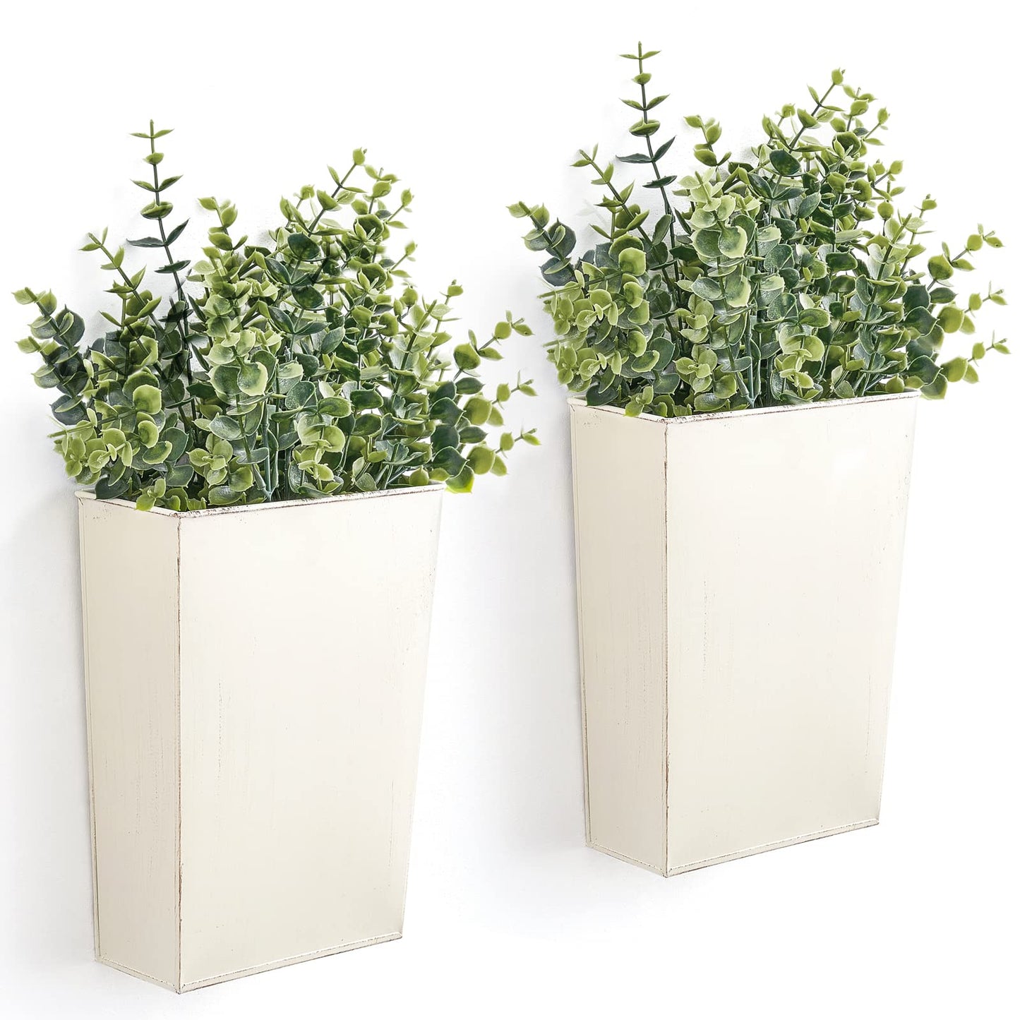 Dahey 2 Packs Metal Wall Planter Vase with Artificial Eucalyptus, Farmhouse Wall Decor Hanging Fake Plants Flowers Holder for Country Rustic Bedroom Bathroom Living Room Kitchen Decoration, White