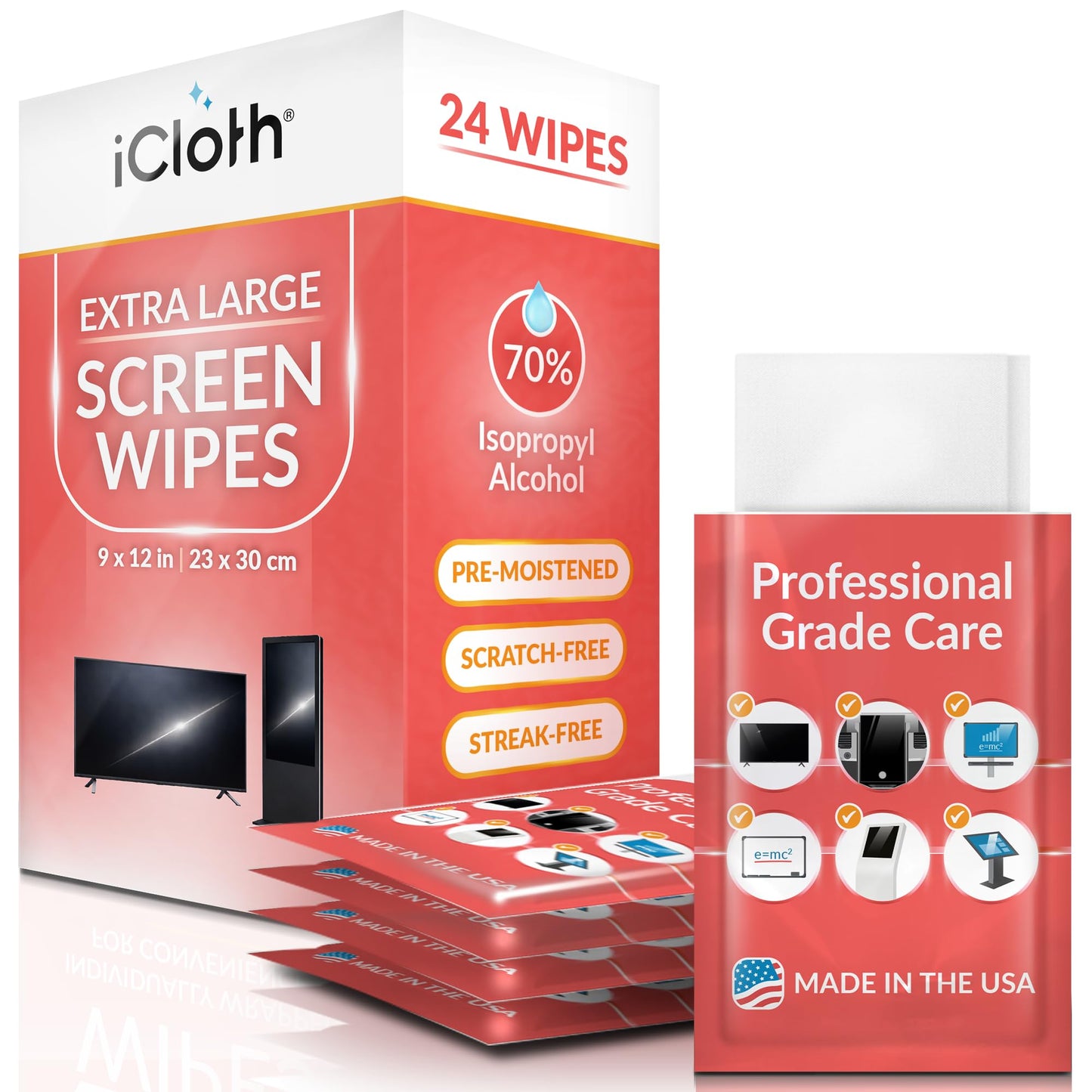 iCloth XL Wipe - 9x12 Inch Electronics Cleaning Wipe, 70% Isopropyl Alcohol, Individually Sealed - Streak-Free, Lint-Free, Restores Optical Clarity - TV, Monitor, Laptop (24 Wipes)