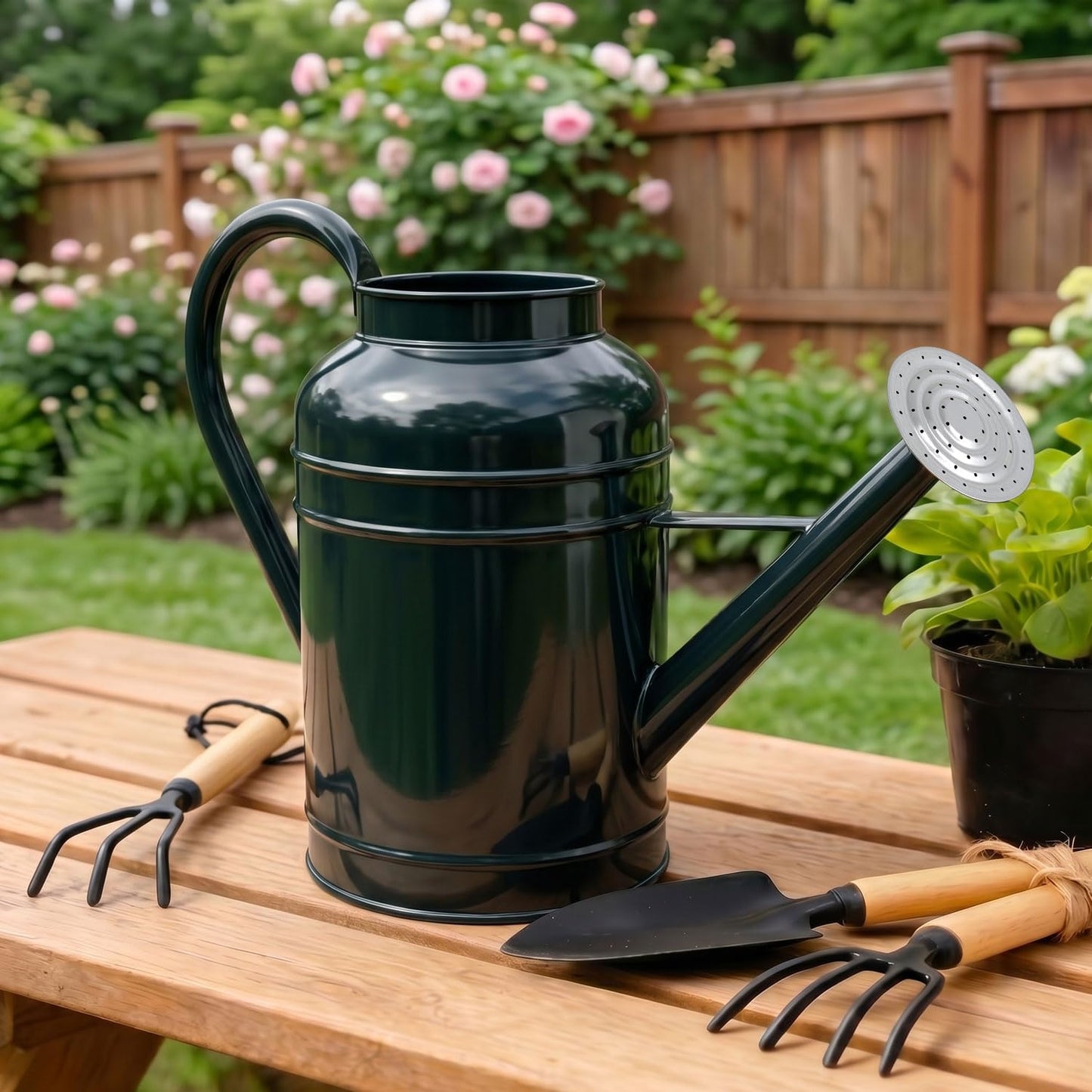LONGRUN 2.3 Gallon Dark Green Metal Watering Can for Plants and Garden with Removable Spout, Made of Galvanized Iron