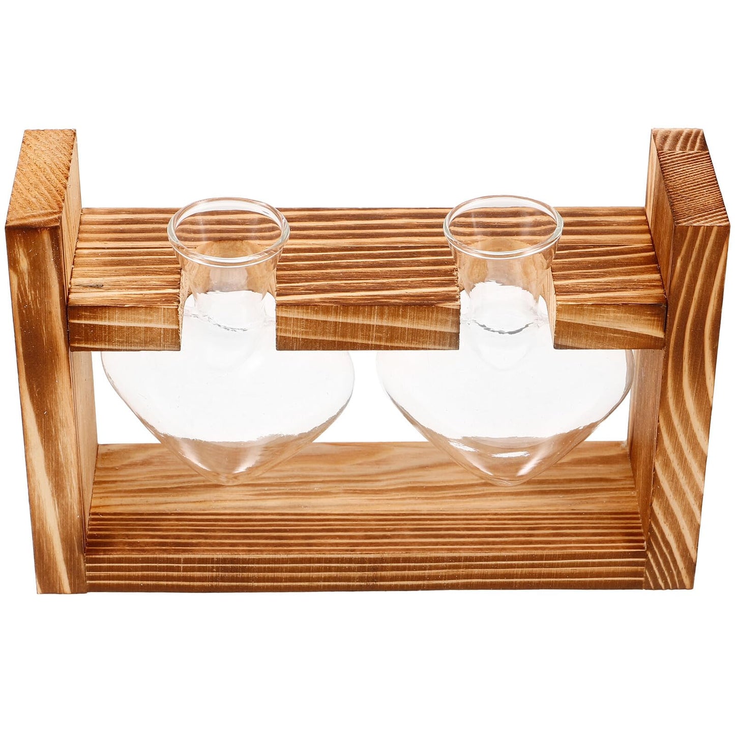 Unomor Wooden Stand Glass Terrarium Plant Holder Heart Shaped Vase Hydroponic Indoor Garden Decor with 2 Glass Containers for Home Office