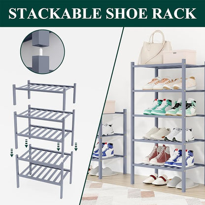 Smiry Small Bamboo Shoe Rack, 5 Tier Free Standing Wooden Shoe Organizer, Stackable Wood Shoe Storage Shelf for Closet, Entryway, 12 Vertical Slats, 2+2+1 Stack Standard Legs, 17.3"x11"x32.5", Grey