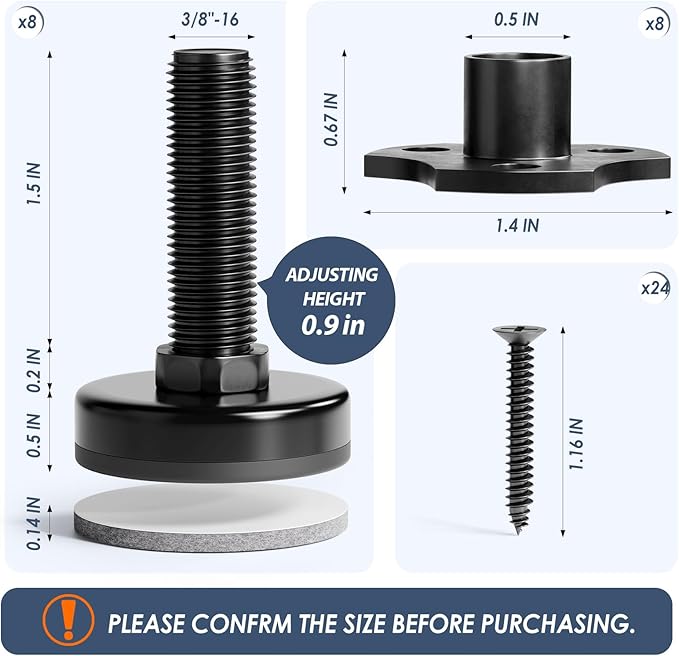 MROCO Adjustable Leveling Feet, 3/8"-16 Thread T-Nut Kit Furniture Levelers