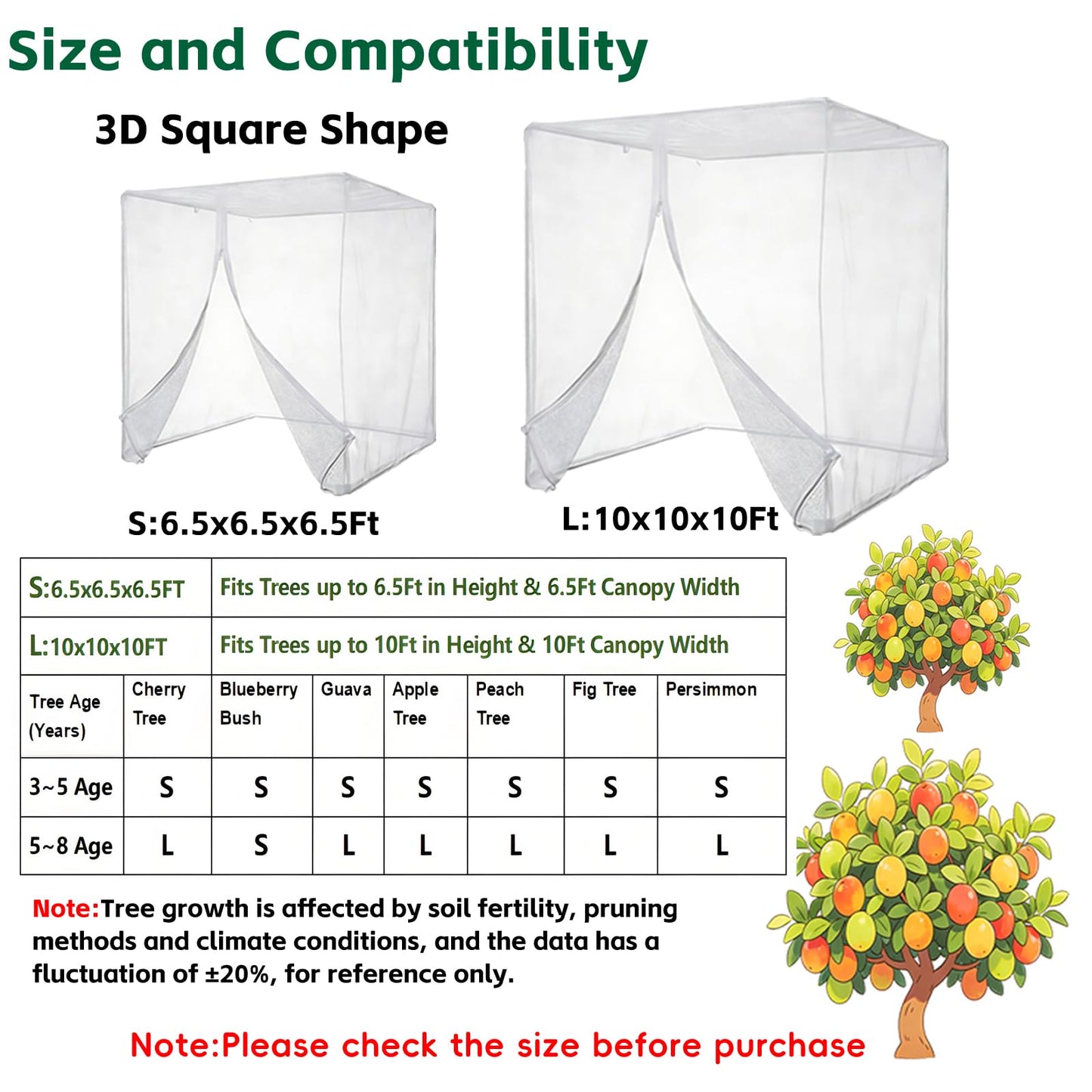 6.5x6.5x6.5Ft Extra Large Fruit Tree Netting Cover with Zipper & Drawstring, Garden Mesh Netting for Protecting Plants from Birds,Bug& Squirrels,Ultra Fine Weather Resistant Tree Netting