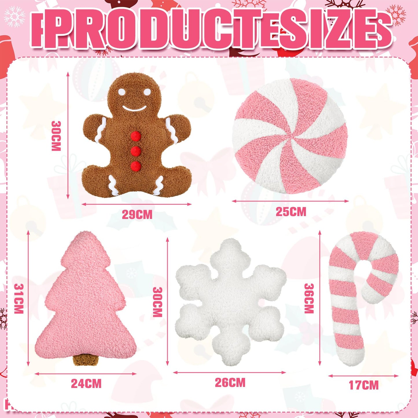 Memorywuu 5 Pcs Pastel Pink Christmas Throw Pillows Stuffed Plush Xmas Tree Gingerbread Man Snowflake Pillow Stripe Candy Cane Peppermint Shape Cushion for Home Sofa Bed Couch Living Room