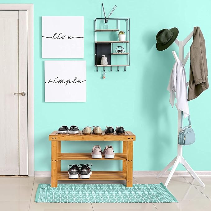 Purawood Bamboo 3 Tier Shoe Rack Bench, Premium Shoe Organizer or Entryway Bench