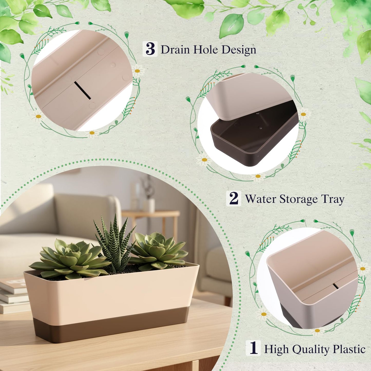 SHENLIU 4 Pack Rectangular Plant Pot, 12 Inch Watering Plant Container with Drainage Hole and Saucers Large Plastic Flower Pots Succulent Window Sill Planter Window Planter Box for Succulents, Flowers