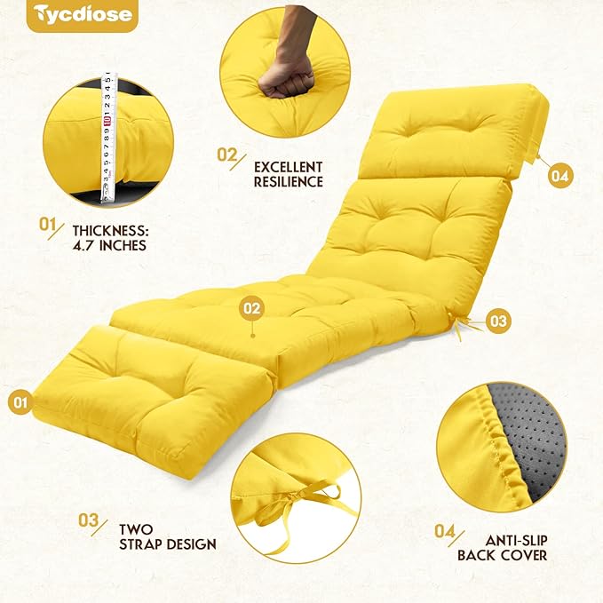 Waterproof Outdoor Chaise Lounge Chair Cushion 74.4 x 22 x 4.7 Inches Memory