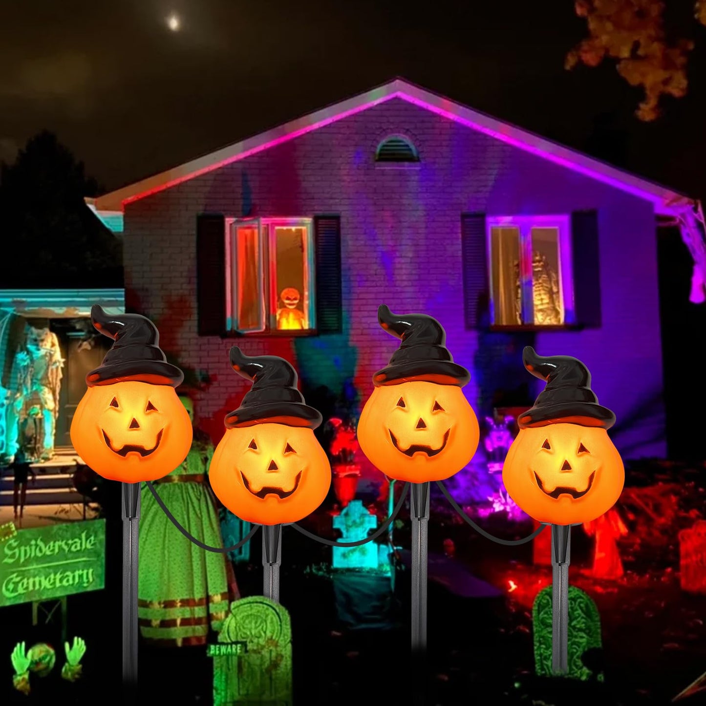 Halloween Hooded Pumpkin Pathway Lights Outdoor, 7Ft C7 Outdoor Halloween Decorations Pathway String Lights with 4 Jack O Lantern Pumpkin Stakes Lights for Garden Yard Walkway Lawn Party Driveway