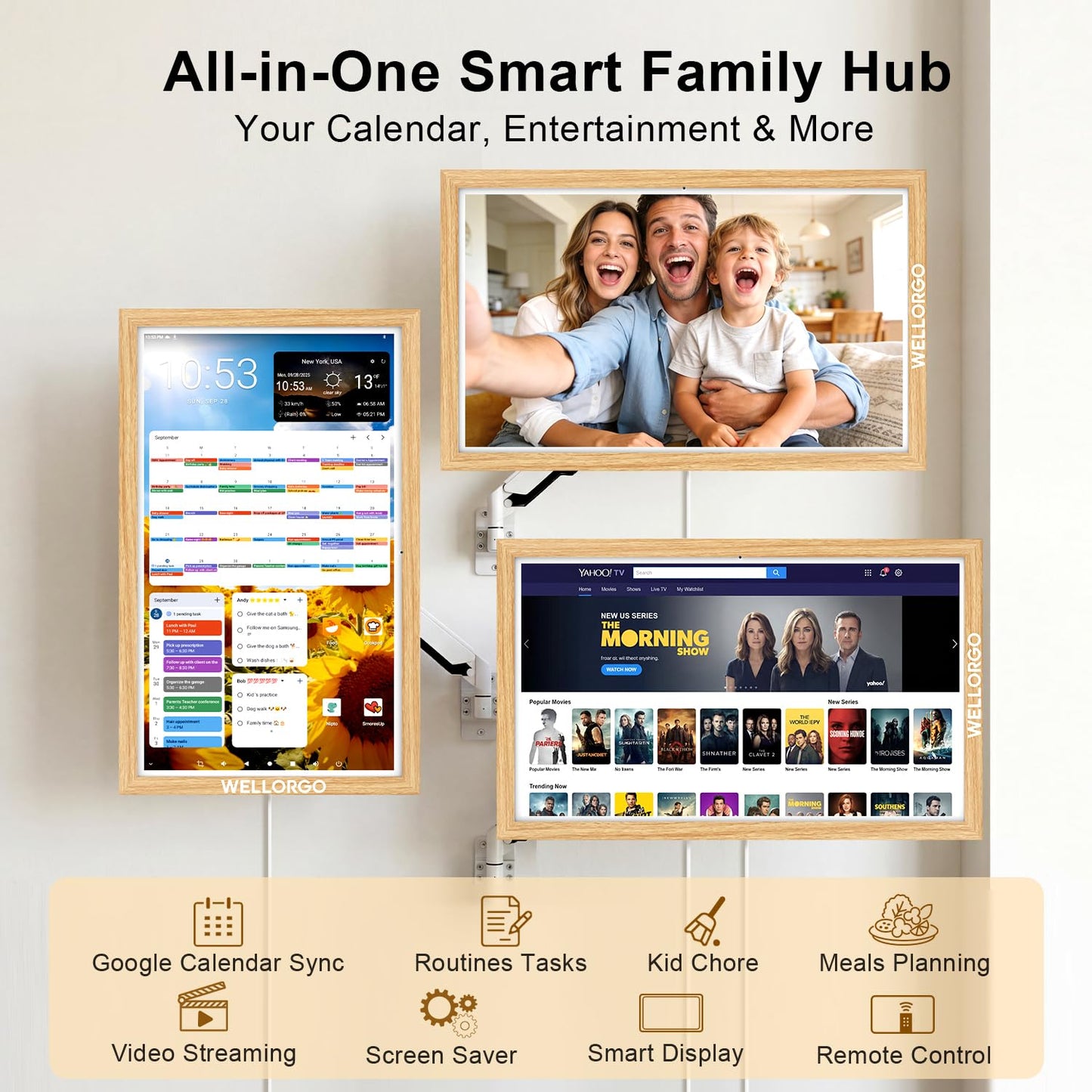 WELLORGO Smart Digital Calendar, 32” Electronic Planner with FHD Touch Screen & Remote Control, Electric Family Organizer with Chore Chart Google Play Customizable App, Wall Display Tablet with Camera