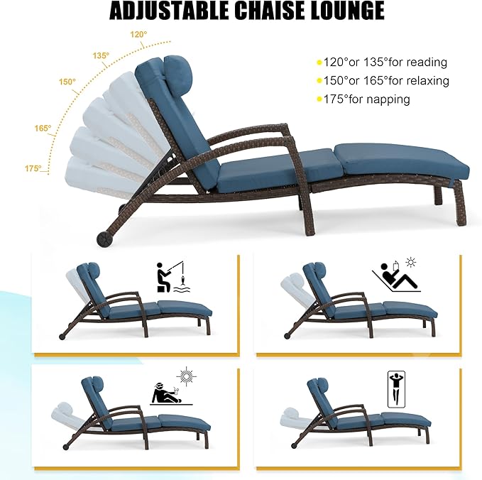HOMREST Chaise Lounge Chairs Set of 2, PE Rattan Wicker Patio Lounge Chair